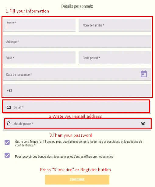 Formulaire d'inscription Julius Casino avec champs requis